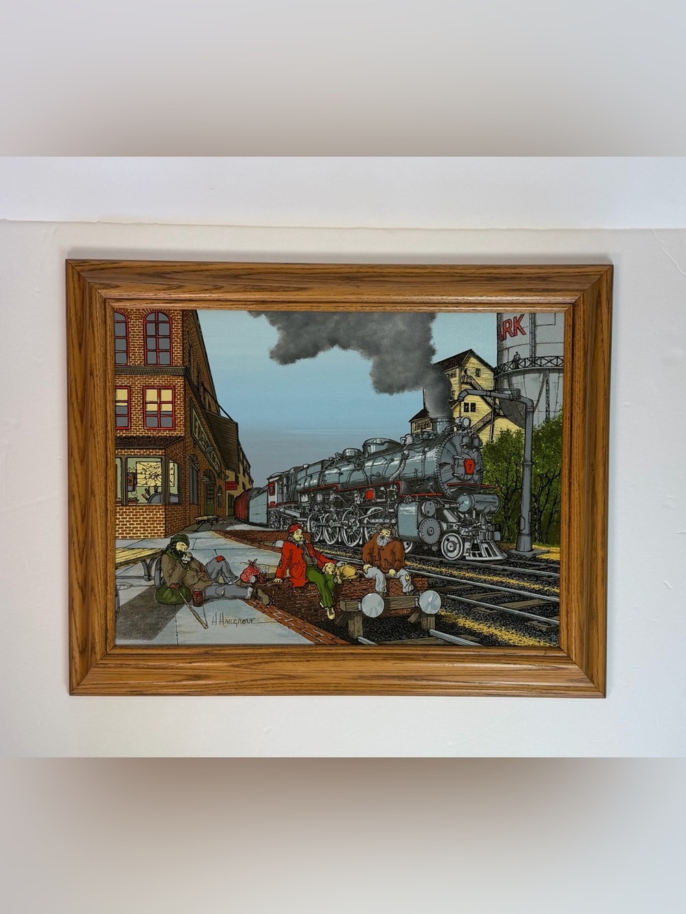 H. Hargrove Framed Serigraph Train Depot Hobos Vintage Canvas Print 19x15